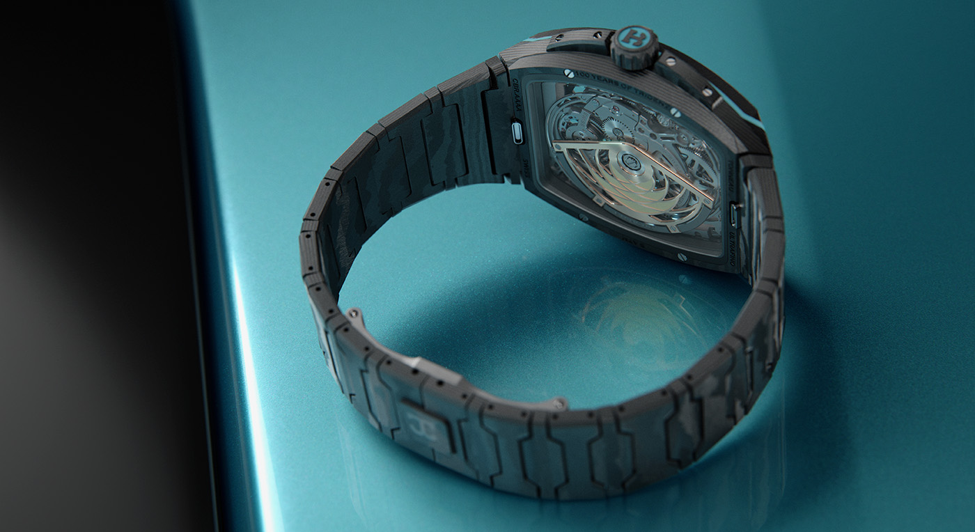 A sleek, black wristwatch with a transparent case back, revealing its intricate mechanism, lies on a polished, teal surface, exuding elegance and modernity.